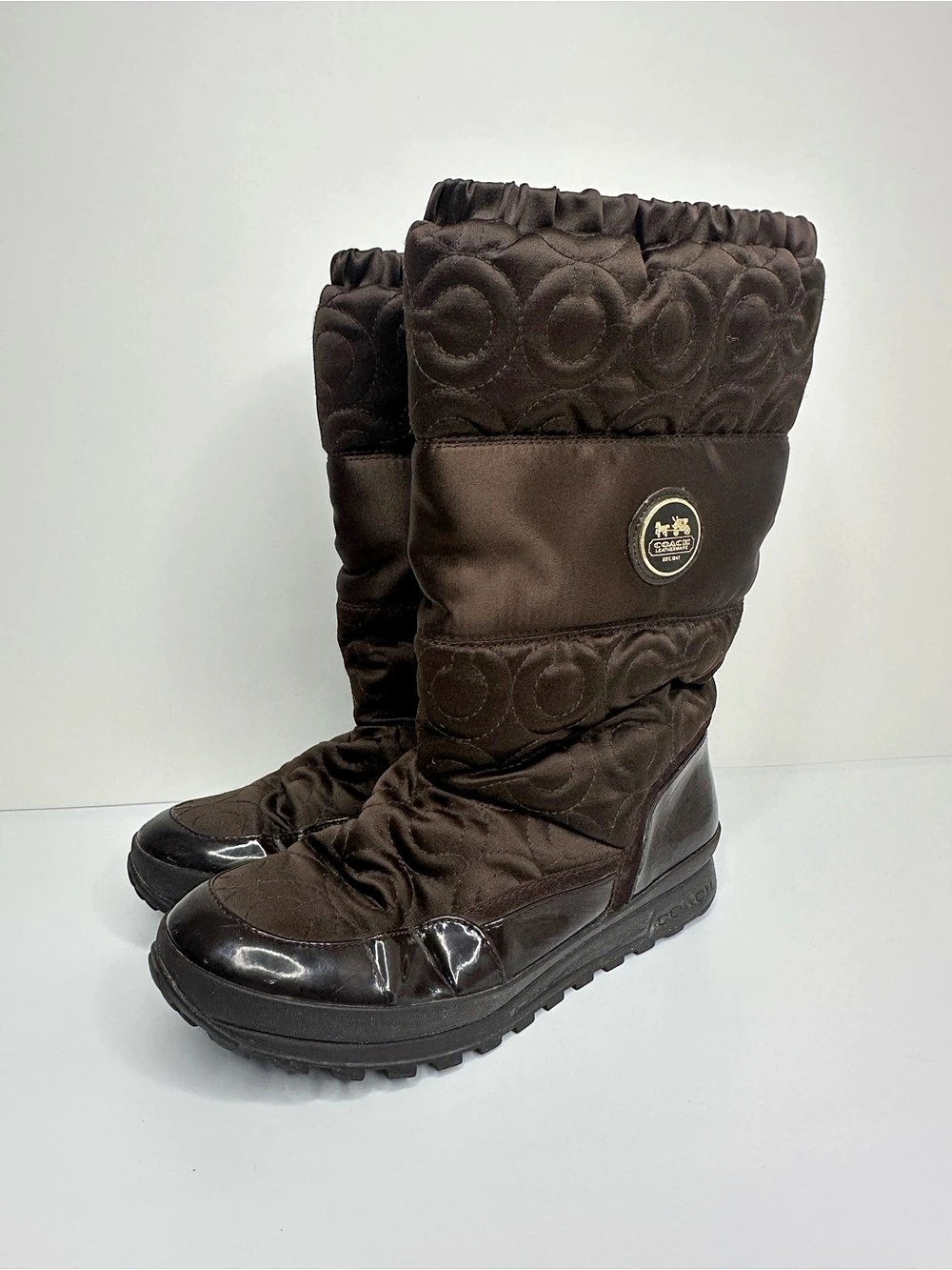 Coach Signature C Quilted Brown Winter Snow Boots Zip Up